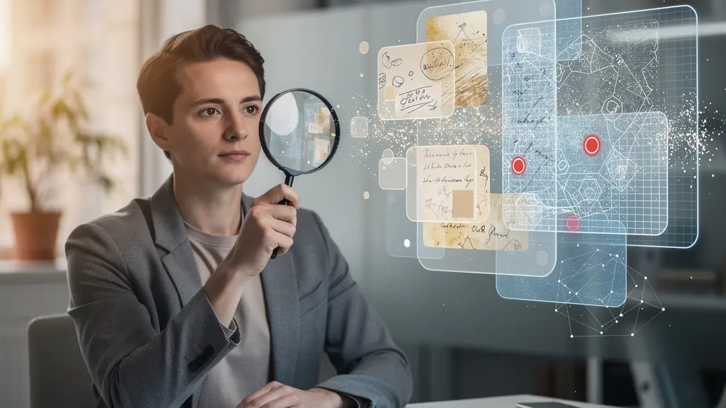 Personne analysant des avis en ligne sur un ordinateur avec une loupe symbolique, dans un environnement de bureau moderne