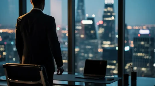 Homme d'affaires de dos face à un panorama urbain nocturne, silhouette contemplative devant une vue de luxe