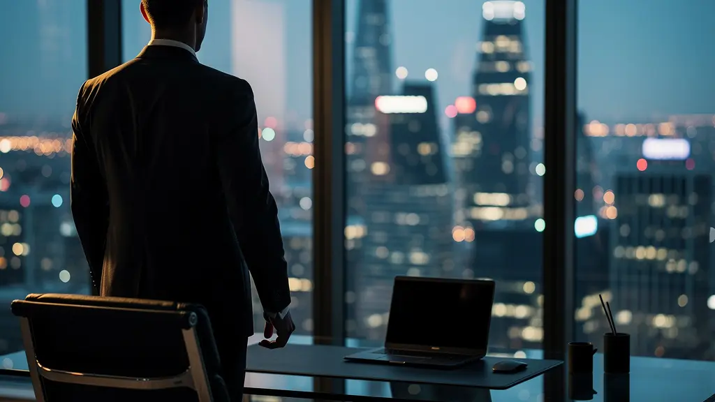 Homme d'affaires de dos face à un panorama urbain nocturne, silhouette contemplative devant une vue de luxe