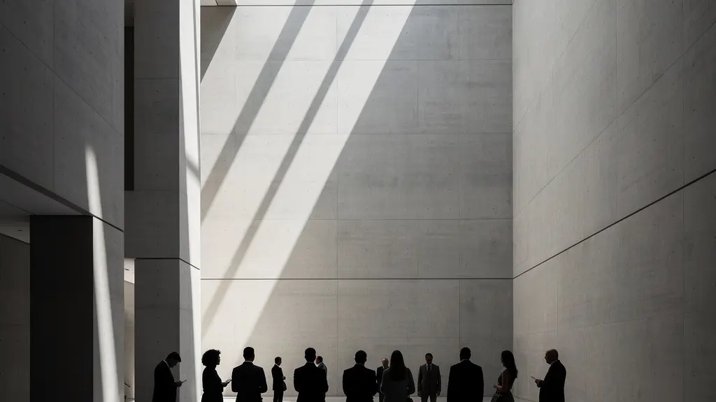 Composition minimaliste montrant des silhouettes humaines diverses dans un espace épuré