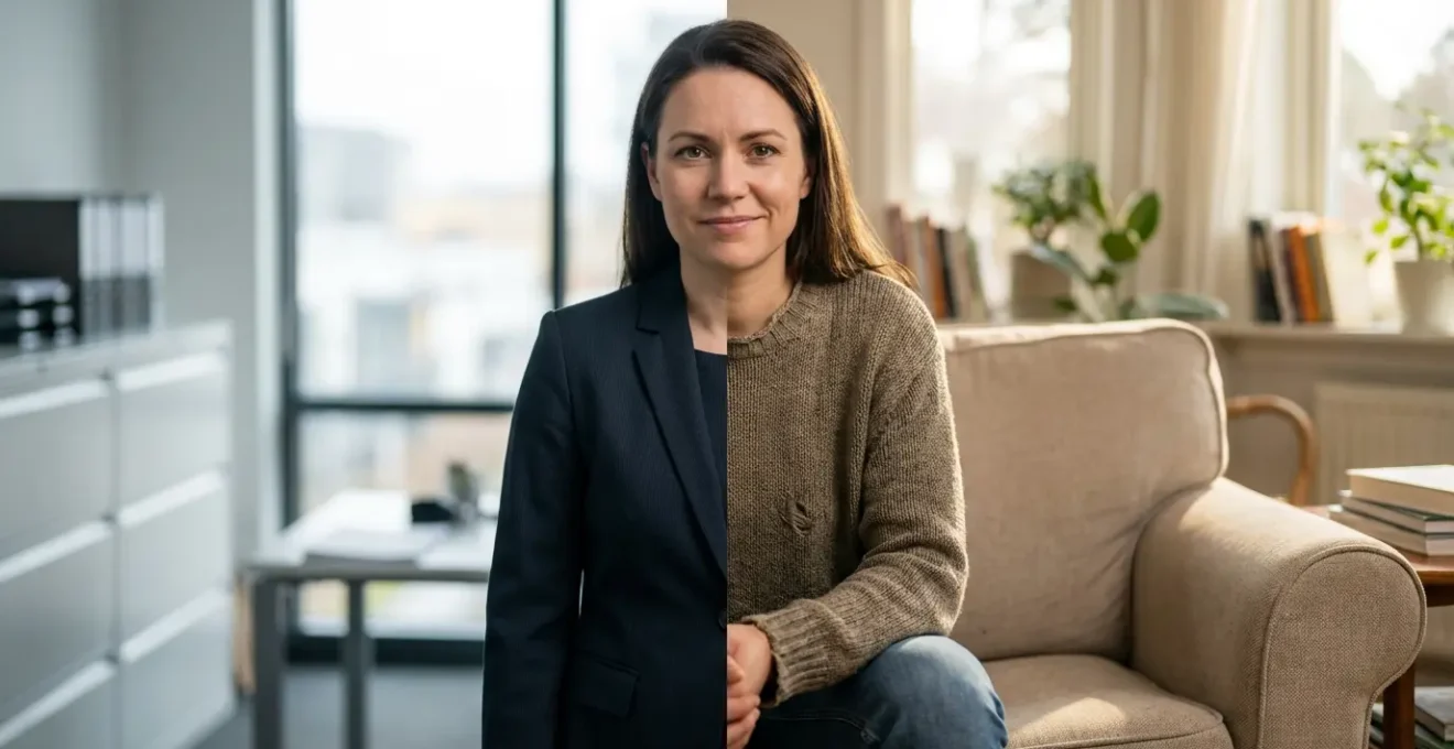 Portrait divisé d'une personne en costume d'un côté et décontractée de l'autre