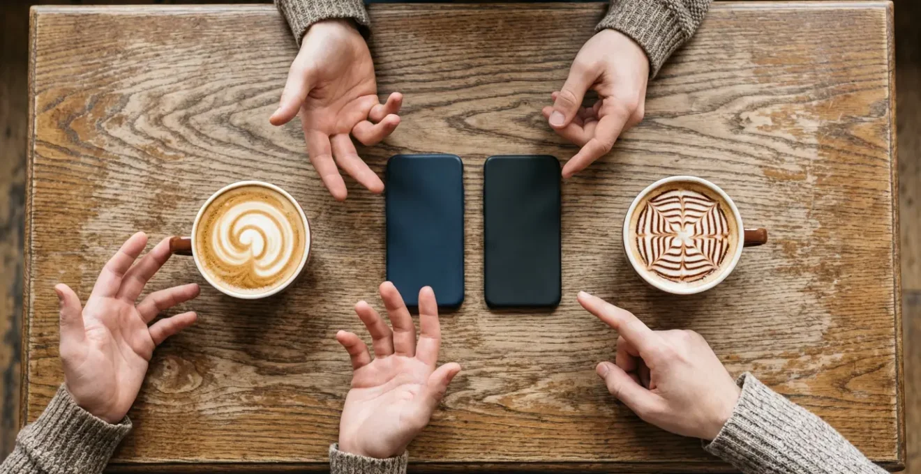 Deux personnes échangeant des messages de manière décontractée dans un café