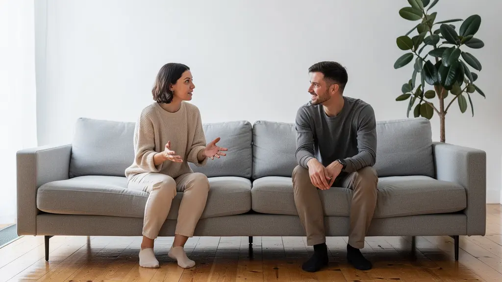 Moment d'écoute profonde entre deux personnes créant une bulle d'intimité dans un espace minimaliste.