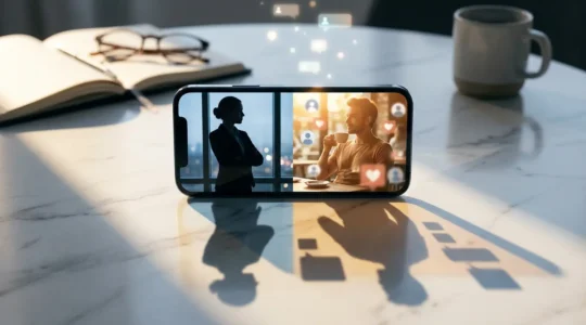 Reflet dans un écran de smartphone montrant deux visages superposés avec des icônes de réseaux sociaux