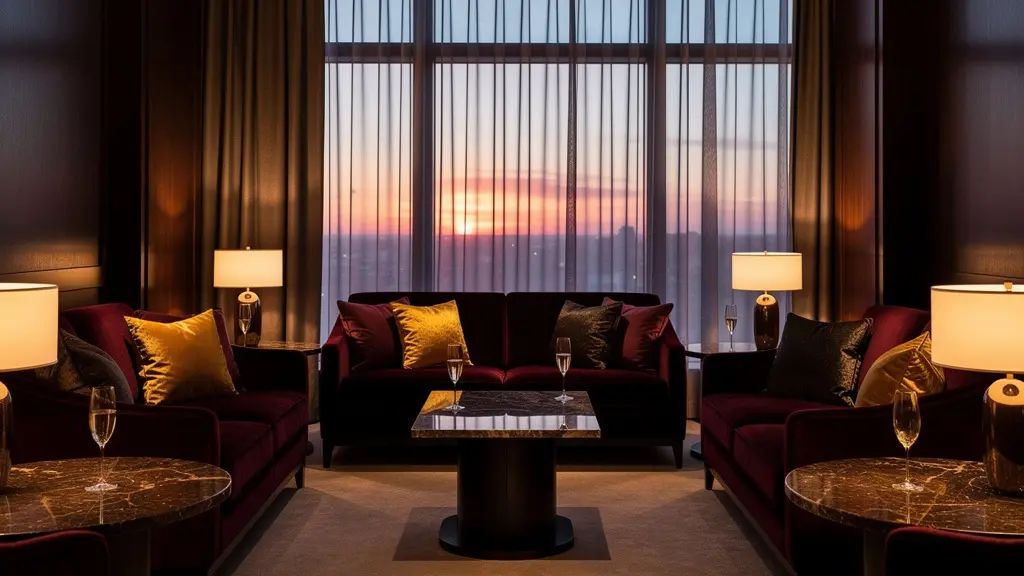 Intérieur élégant d'un salon avec éclairage tamisé et mobilier luxueux créant une atmosphère intime