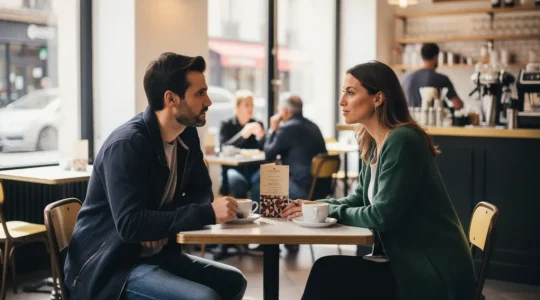 Couple assis côte à côte dans un café, créant une bulle d'intimité respectueuse