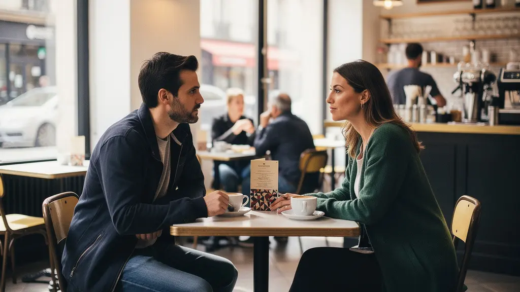 Couple assis côte à côte dans un café, créant une bulle d'intimité respectueuse