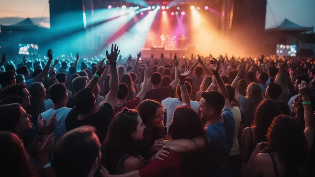 Foule lors d'un festival avec une ambiance festive et des connexions sociales naturelles.