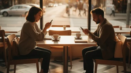 Scène de café urbain avec deux personnes consultant discrètement leurs smartphones, lumière naturelle douce