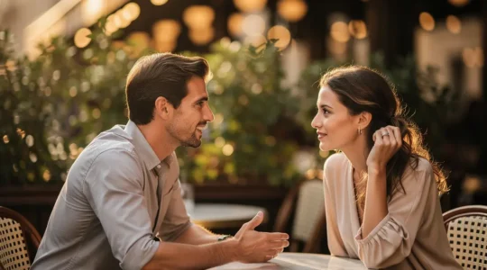 Homme et femme en discussion naturelle sur une terrasse de café montrant des signaux d'attirance