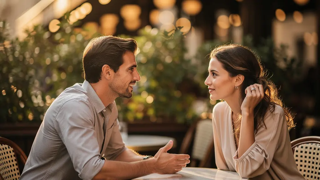 Homme et femme en discussion naturelle sur une terrasse de café montrant des signaux d'attirance