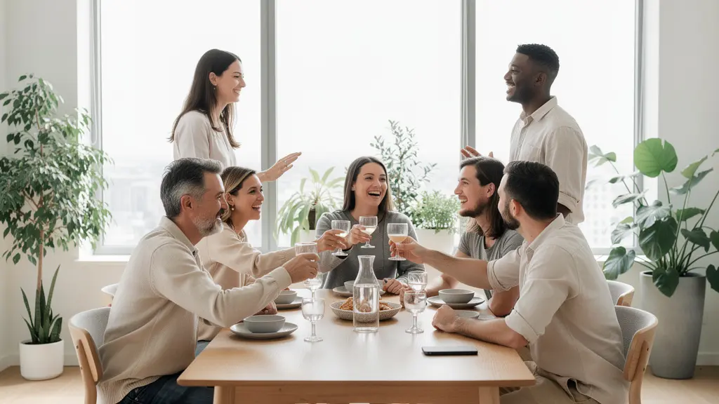Groupe d'amis accueillant chaleureusement un nouveau partenaire lors d'un dîner convivial
