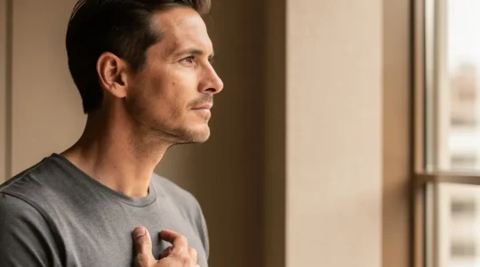 Homme de profil regardant par une fenêtre avec une expression contemplative