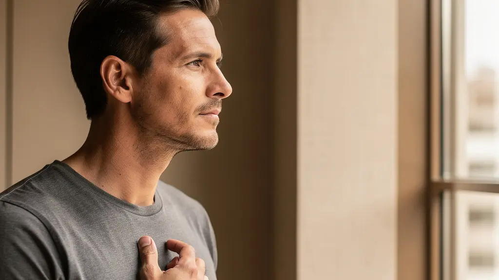 Homme de profil regardant par une fenêtre avec une expression contemplative