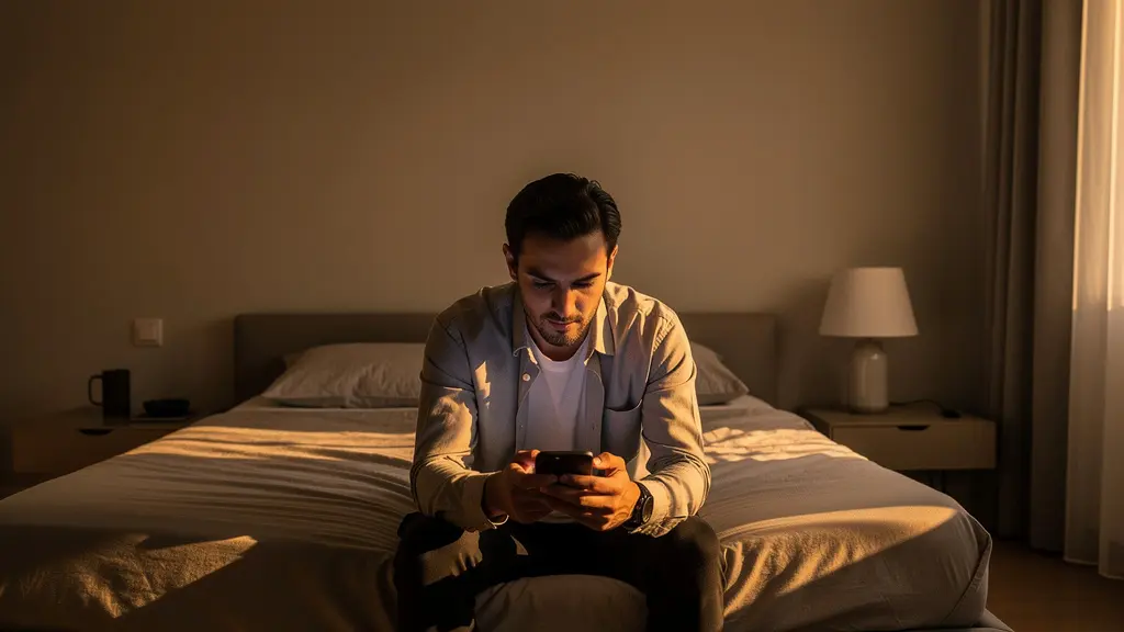 Homme concentré écrivant soigneusement un message sur son smartphone