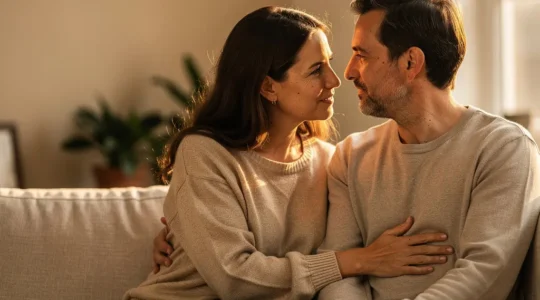 Couple partageant un moment de connexion intime dans un espace apaisant