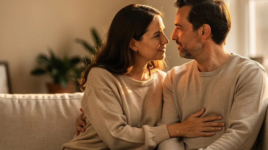 Couple partageant un moment de connexion intime dans un espace apaisant