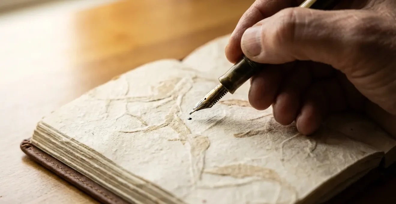 Main tenant un stylo au-dessus d'un carnet avec écriture floue et lumière dorée