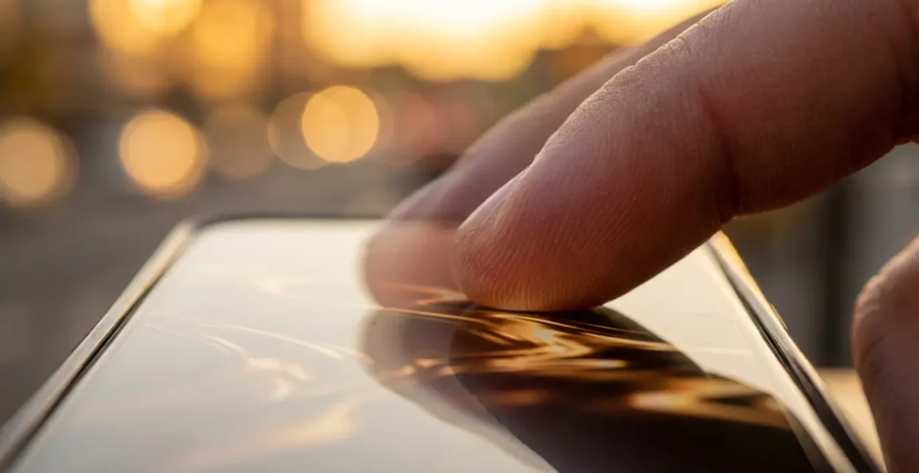 Vue macro d'un doigt effleurant délicatement un écran avec effet de mouvement