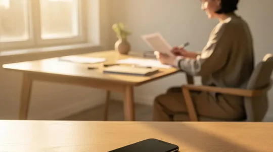 Personne concentrée au travail avec smartphone posé face cachée sur le bureau dans un environnement zen et minimaliste