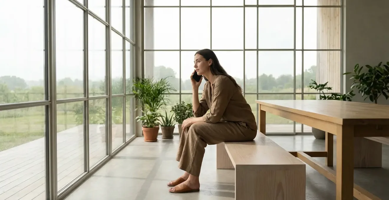 Personne réfléchissant à un message sur son téléphone dans une atmosphère détendue