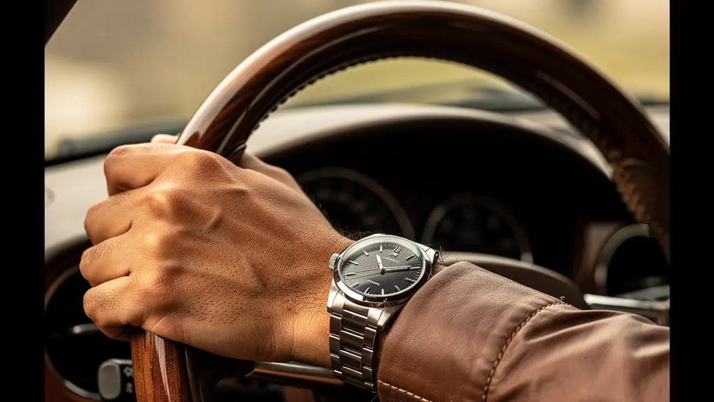 Mains masculines sur volant en cuir de voiture de collection, montre de luxe visible