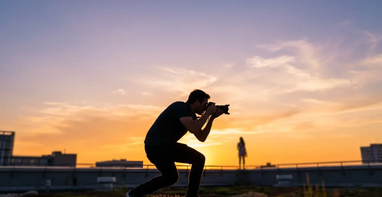 Silhouette de photographe capturant un moment avec lumière dorée en arrière-plan