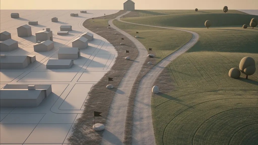 Représentation symbolique de deux chemins qui convergent vers une maison à l'horizon, symbolisant un couple planifiant son avenir commun.