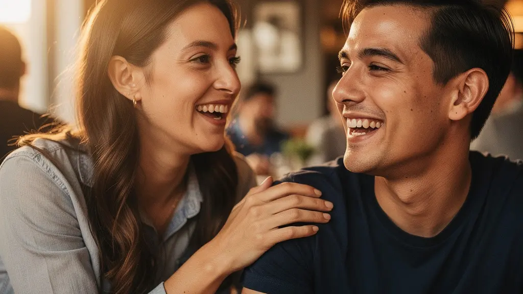 Deux personnes dans un moment de connexion naturelle lors d'une rencontre, illustrant le langage corporel de la séduction