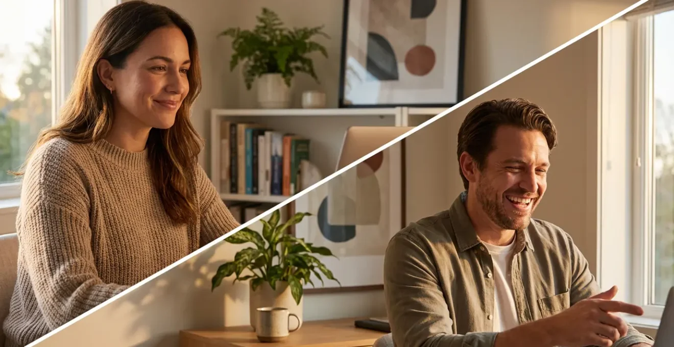 Deux personnes dans leurs espaces respectifs lors d'un appel vidéo, avec un éclairage naturel chaleureux
