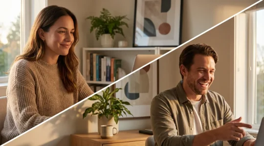 Deux personnes dans leurs espaces respectifs lors d'un appel vidéo, avec un éclairage naturel chaleureux