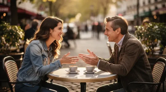 Couple en terrasse de café lors d'un premier rendez-vous, ambiance décontractée et conversation naturelle