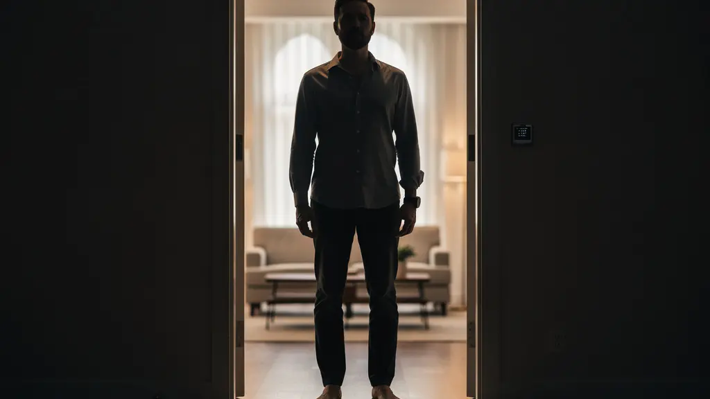 Silhouette élégante dans l'encadrement d'une porte, posture assurée avec effet de contre-jour