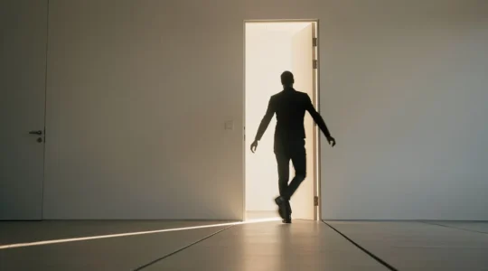 Silhouette élégante dans l'embrasure d'une porte avec jeu de lumière créant une aura naturelle