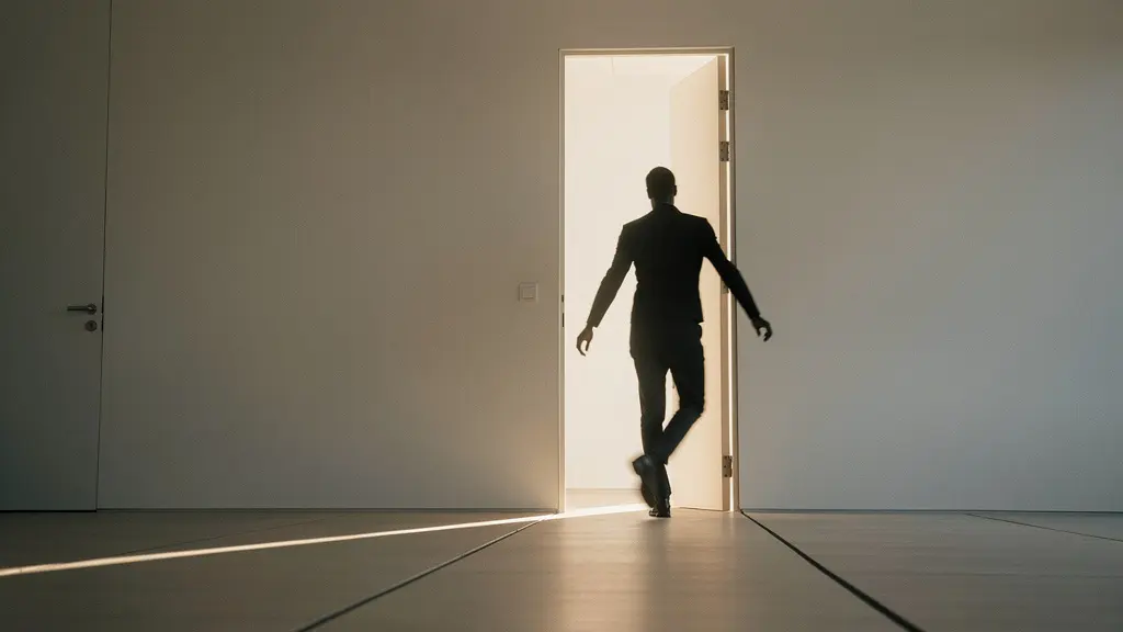 Silhouette élégante dans l'embrasure d'une porte avec jeu de lumière créant une aura naturelle