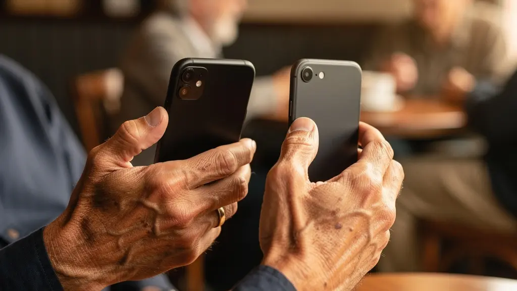 Mains matures tenant deux téléphones montrant des interfaces floues, dans un café chaleureux