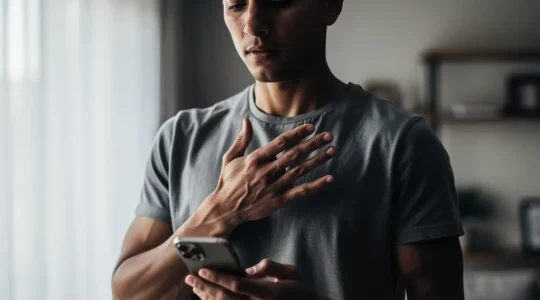 Personne tenant un smartphone avec geste de protection symbolique, environnement sombre et lumineux contrastant la vulnérabilité et la force