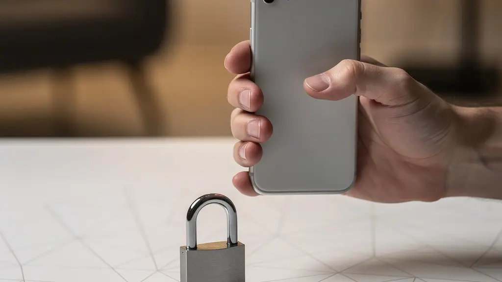 Main tenant un smartphone sécurisé avec symbole de cadenas, environnement intime flouté en arrière-plan