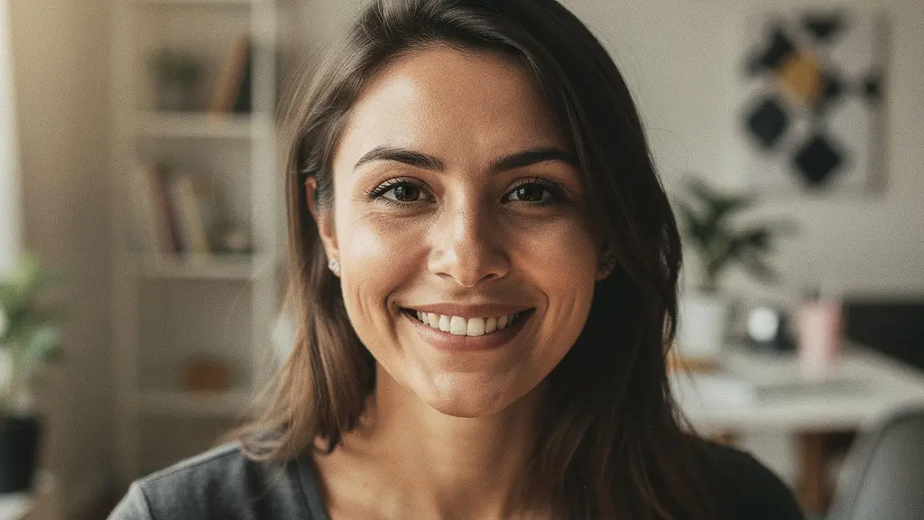 Portrait rapproché d'une personne souriant naturellement face à la caméra lors d'un appel vidéo, avec un arrière-plan flou et lumineux