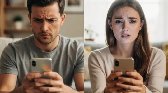 Portrait divisé d'utilisateurs d'applications de rencontre examinant des profils sur leurs smartphones avec des expressions variées