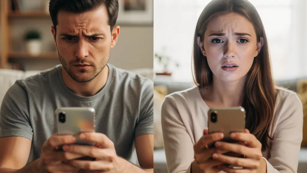 Portrait divisé d'utilisateurs d'applications de rencontre examinant des profils sur leurs smartphones avec des expressions variées