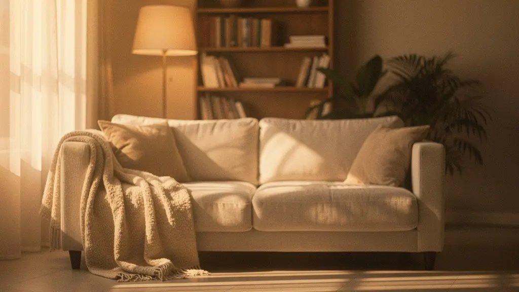 Salon romantique avec éclairage tamisé et canapé confortable au crépuscule