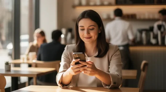Femme envoyant sa localisation par smartphone dans un café lumineux