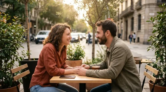Couple moderne échangeant dans un cadre urbain lumineux et détendu