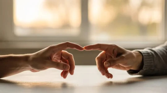 Couple dans une atmosphère intime avec jeu de lumières douces et ombres suggérant le rapprochement physique