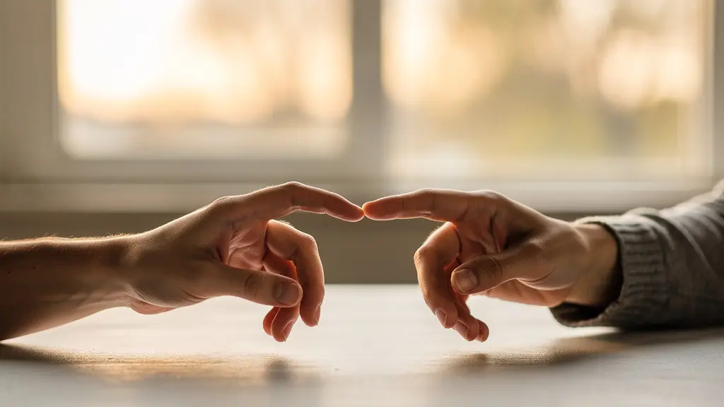 Couple dans une atmosphère intime avec jeu de lumières douces et ombres suggérant le rapprochement physique