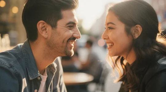 Portrait rapproché de deux personnes se rencontrant pour la première fois, échange de regards intenses et sourires naturels dans une ambiance dorée