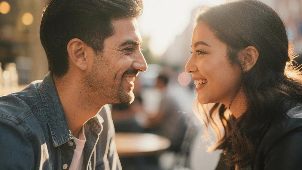 Portrait rapproché de deux personnes se rencontrant pour la première fois, échange de regards intenses et sourires naturels dans une ambiance dorée