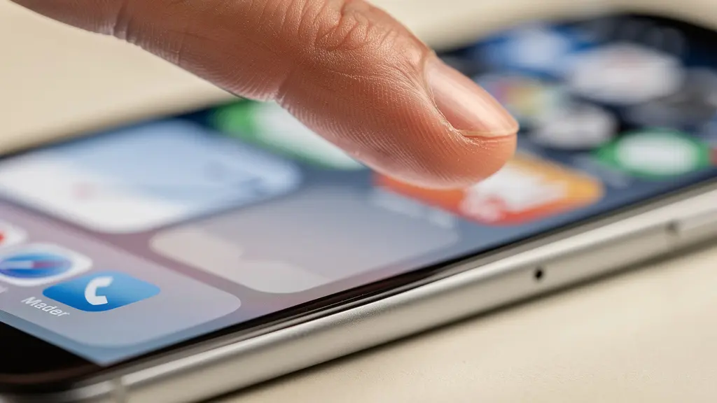 Main tenant un smartphone montrant des options de signalement floues, environnement sécurisé et lumineux