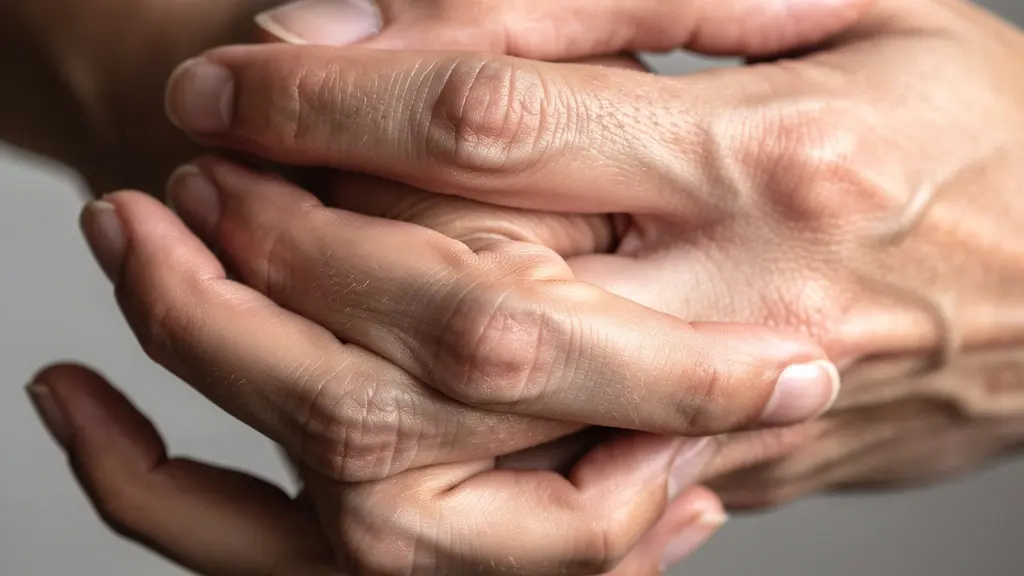 Gros plan macro sur des mains montrant des signes de tension